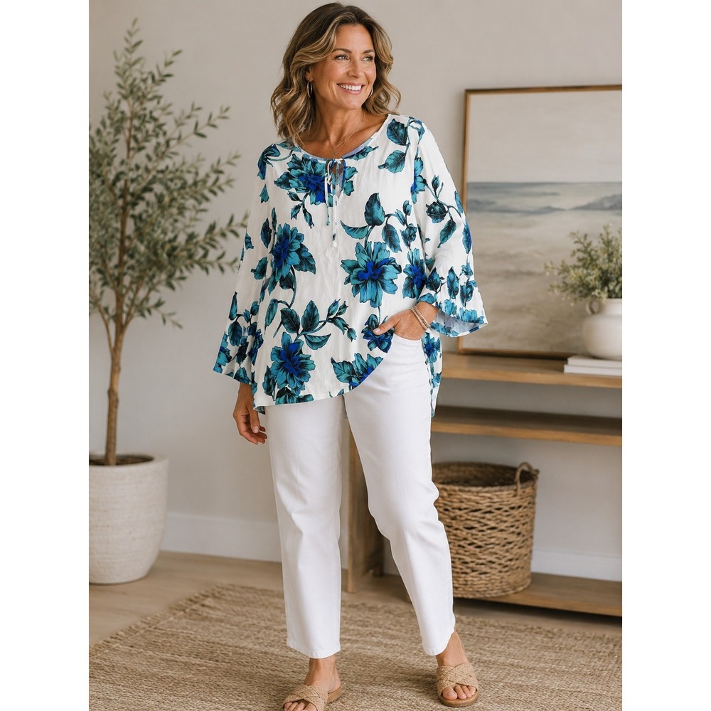 NWT Karen Kane 2X White Floral Viscose Blouson Romantic Peasant Shirt Top $138
